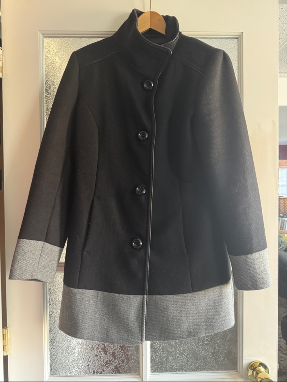 Womens Black Pea Coat with Gray Contrast Hem & Cuffs
